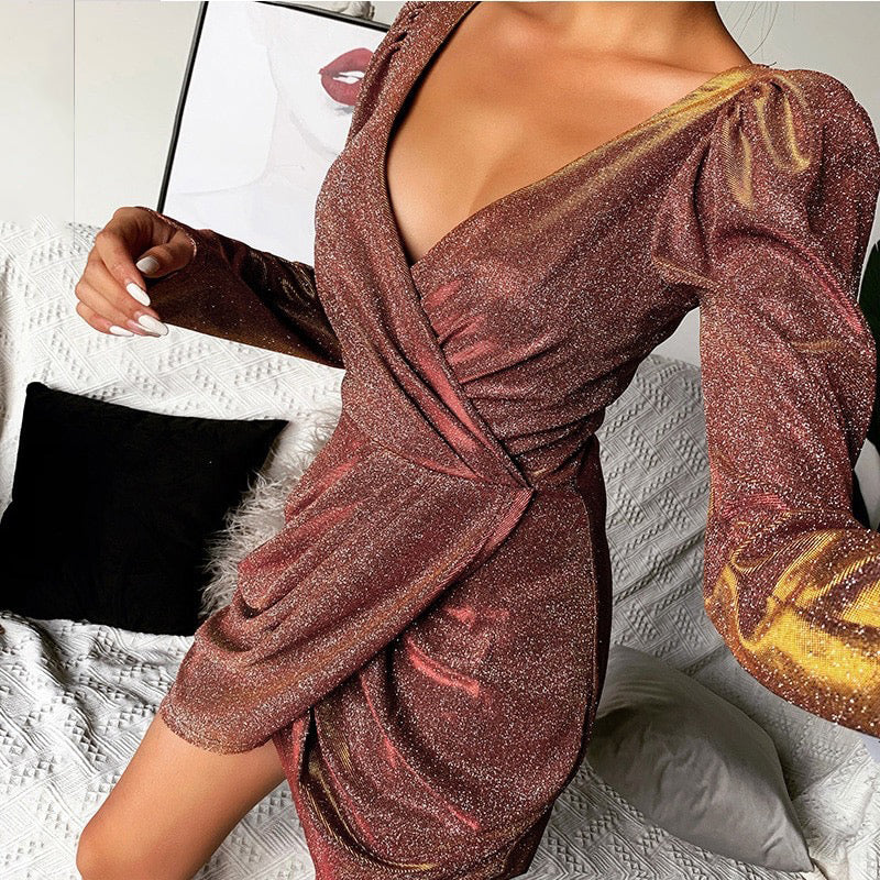 Puff Sleeve Slit Bodycon Dress - THEGIRLSOUTFITS