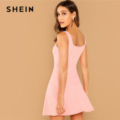 GOF Pink Party Solid Fit And Flare Straps Neck Sleeveless Short Dress Autumn Elegant Women Dresses - THEGIRLSOUTFITS