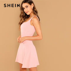 GOF Pink Party Solid Fit And Flare Straps Neck Sleeveless Short Dress Autumn Elegant Women Dresses - THEGIRLSOUTFITS