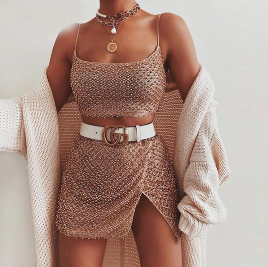 Sequin Beading Two Piece Set Mesh With Lining Backless - THEGIRLSOUTFITS