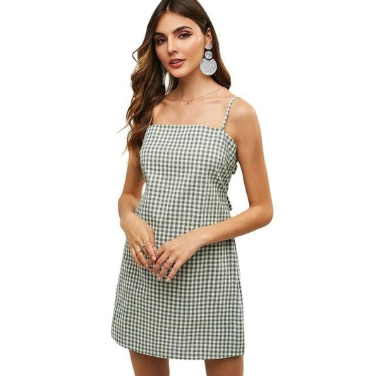 Knotted Plaid Back Zipper Cami Dress - THEGIRLSOUTFITS