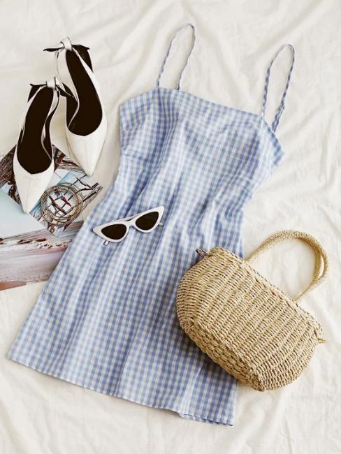 Knotted Plaid Back Zipper Cami Dress Dark Slate Blue / L Knotted Plaid Back Zipper Cami Dress Dark Slate Blue / L