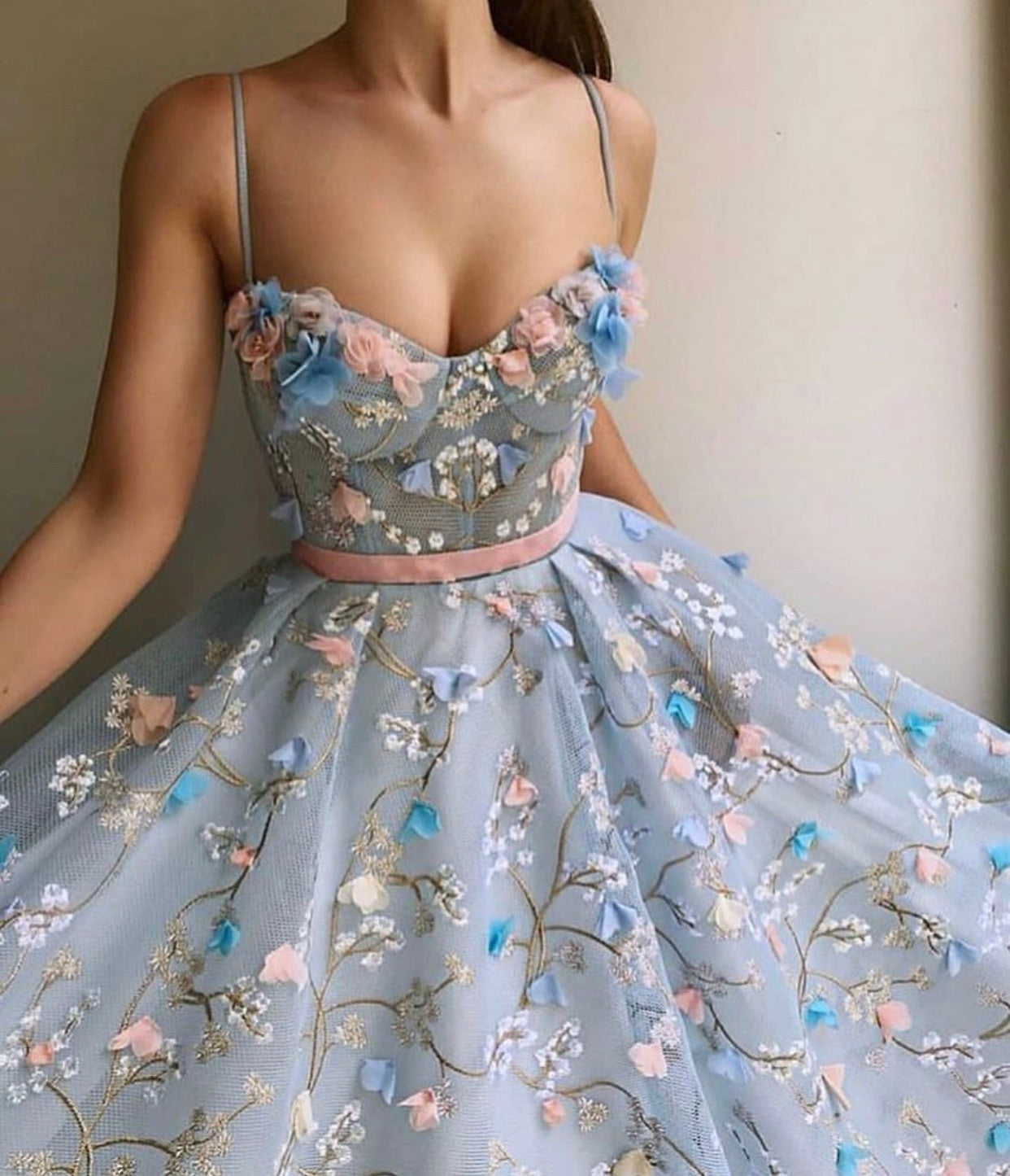 Light Blue Elegant Embroidery Flower Party dress - THEGIRLSOUTFITS