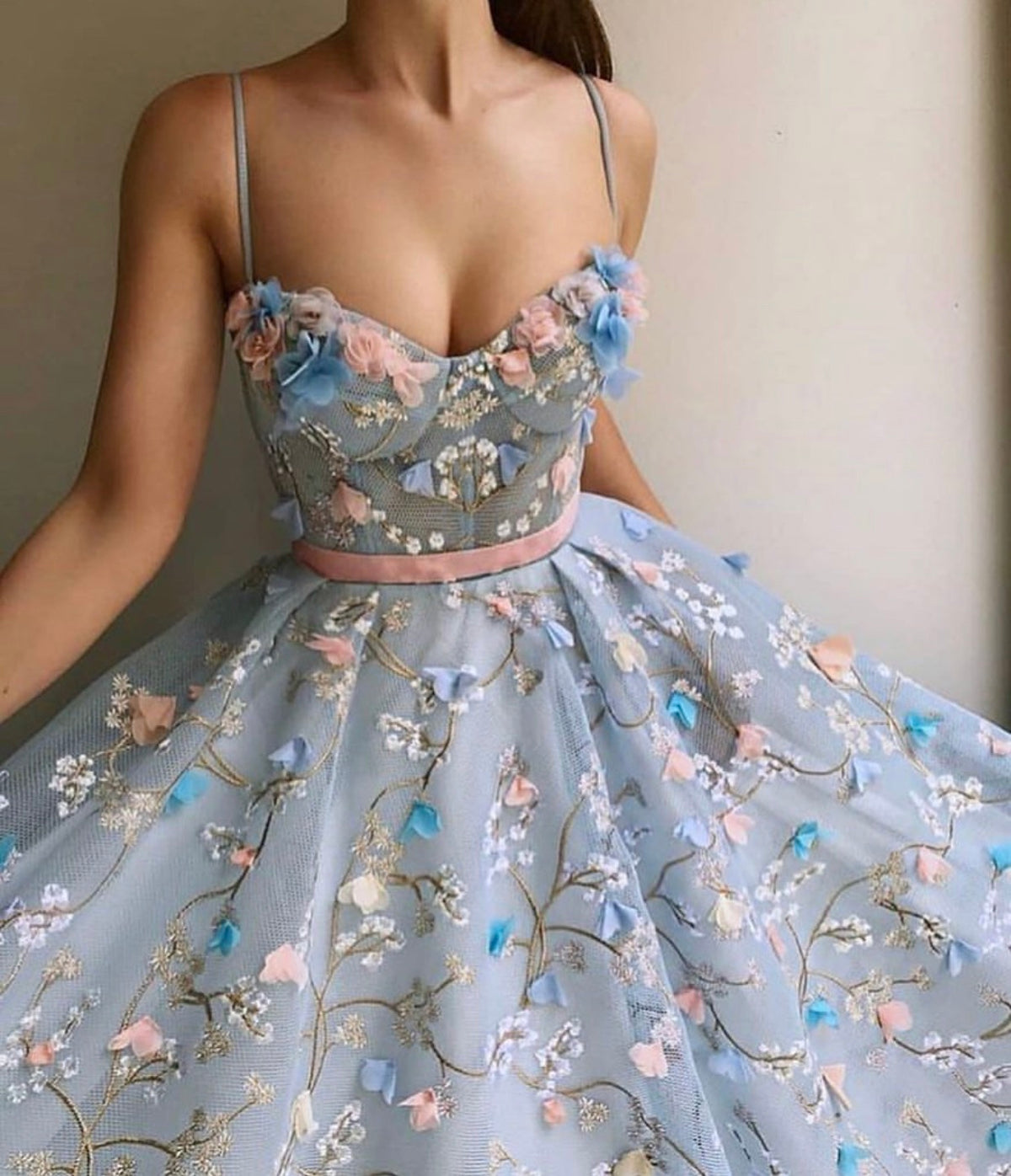 Light Blue Elegant Embroidery Flower Party dress - THEGIRLSOUTFITS