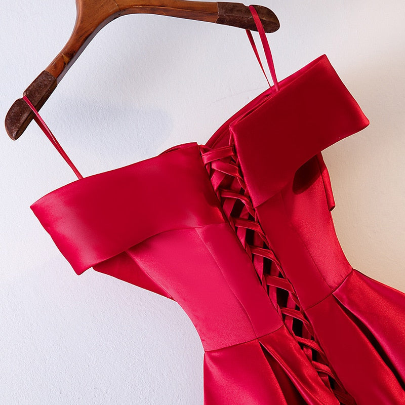Satin Feel Red Dress Slash Neck Bow - THEGIRLSOUTFITS