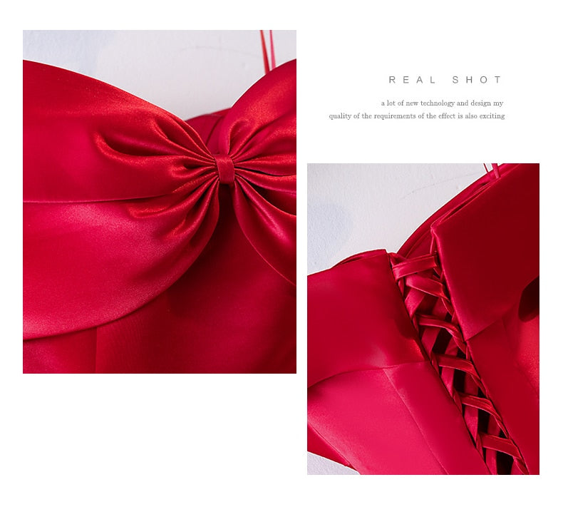 Satin Feel Red Dress Slash Neck Bow - THEGIRLSOUTFITS