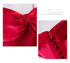 Satin Feel Red Dress Slash Neck Bow - THEGIRLSOUTFITS