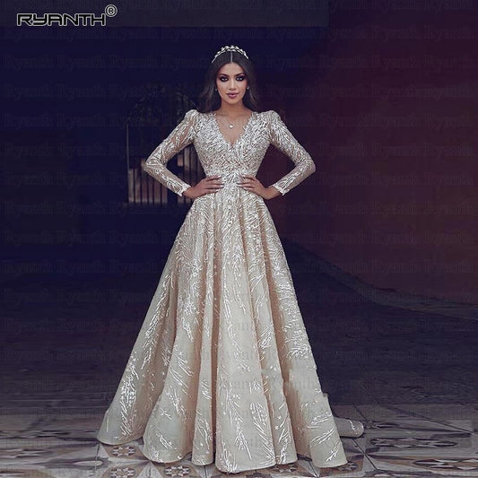 Luxury Long Sleeve  Princess V Neck Lace Wedding Gown - THEGIRLSOUTFITS