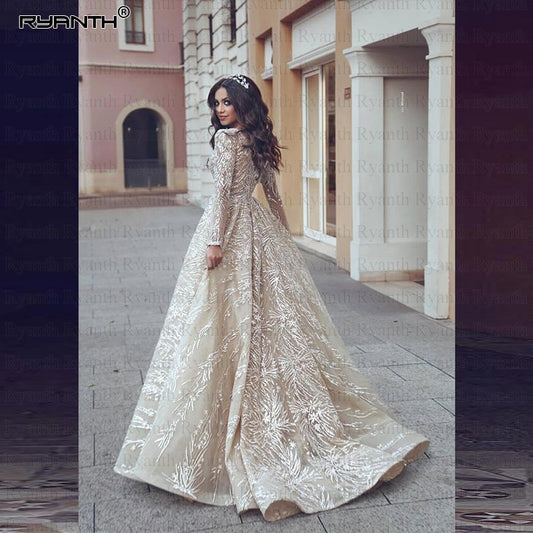 Luxury Long Sleeve  Princess V Neck Lace Wedding Gown - THEGIRLSOUTFITS