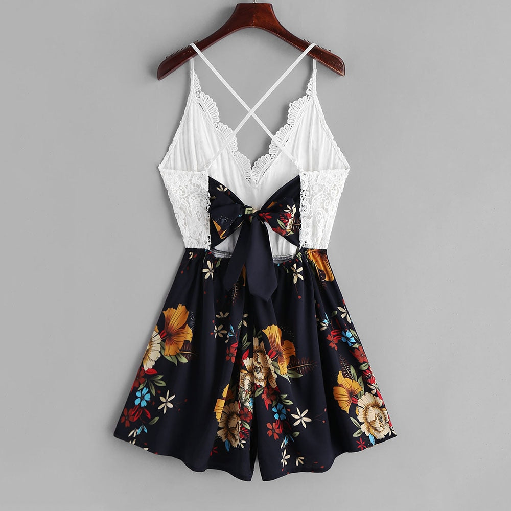 Knotted Back Lace Panel Floral Cami Romper - THEGIRLSOUTFITS