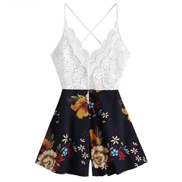 Knotted Back Lace Panel Floral Cami Romper - THEGIRLSOUTFITS
