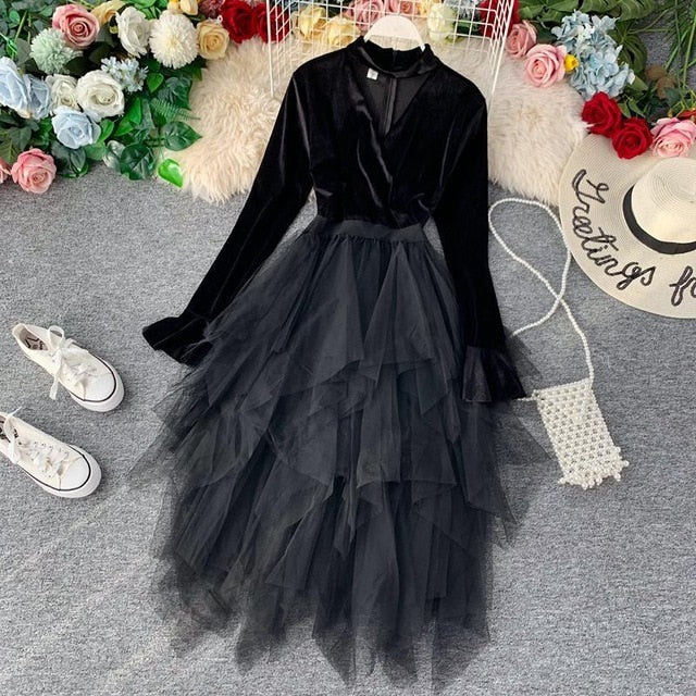 French Temperament Retro Stitching Velvet - THEGIRLSOUTFITS