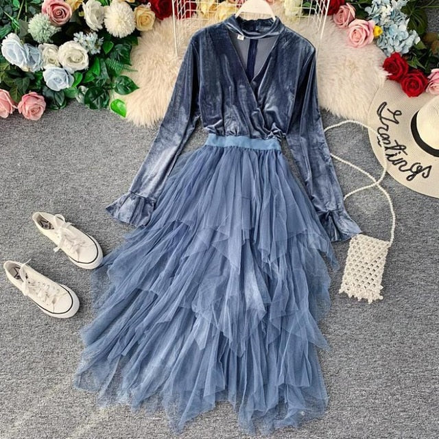 French Temperament Retro Stitching Velvet - THEGIRLSOUTFITS