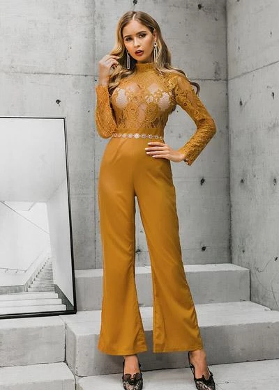 hollow out lace yellow jumpsuit - THEGIRLSOUTFITS