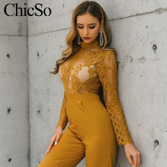 hollow out lace yellow jumpsuit - THEGIRLSOUTFITS