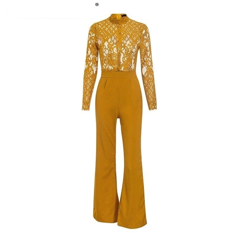 hollow out lace yellow jumpsuit - THEGIRLSOUTFITS