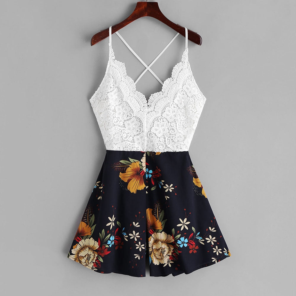 Knotted Back Lace Panel Floral Cami Romper - THEGIRLSOUTFITS