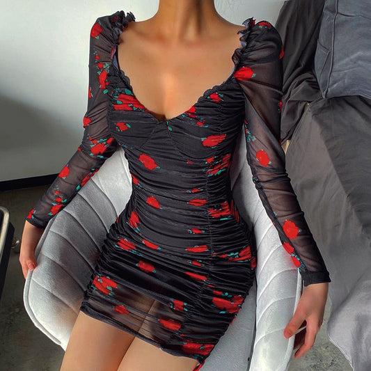 Black Rose Print V-Neck Mini - THEGIRLSOUTFITS