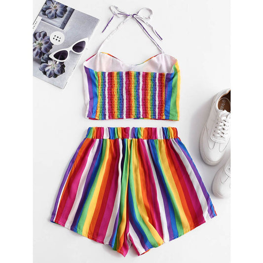 Two Pieces Set Rainbow Striped Smocked - THEGIRLSOUTFITS
