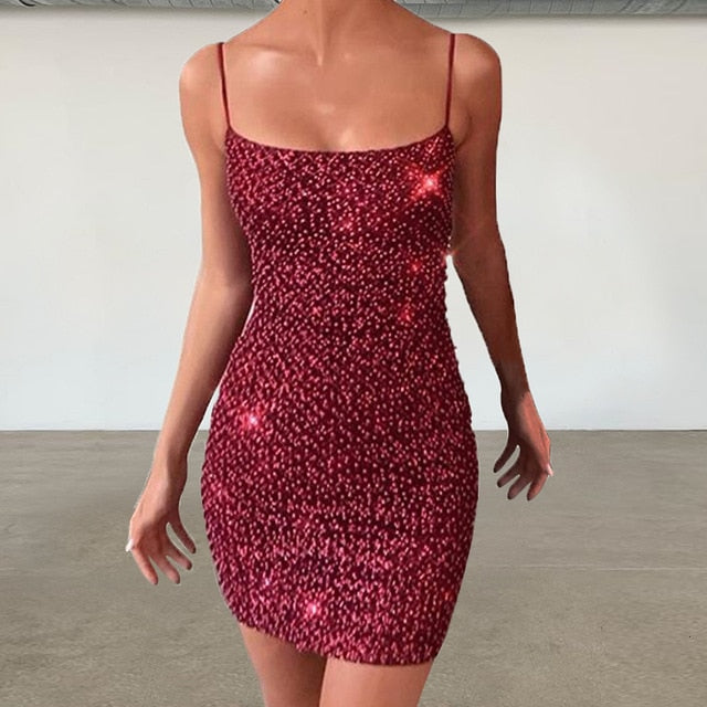 Spaghetti Strap Shiny Sequined - THEGIRLSOUTFITS