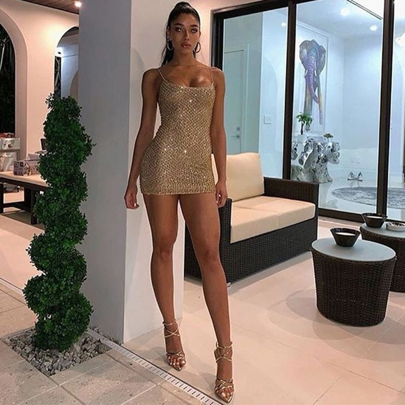 Spaghetti Strap Shiny Sequined - THEGIRLSOUTFITS