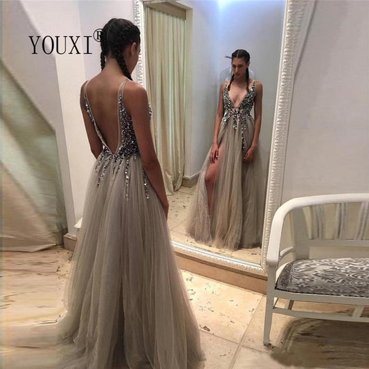 V Neck A-Line Backless Vestido De - THEGIRLSOUTFITS