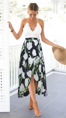 Chiffon Dress Patchwork Lace V Neck - THEGIRLSOUTFITS