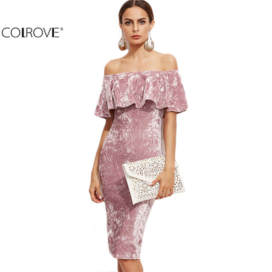 Pink Off Shoulder Ruffle Velvet - THEGIRLSOUTFITS