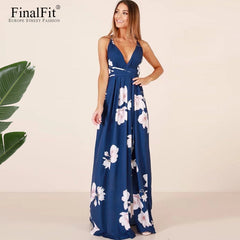 Floral Print Strap Maxi Dress Thigh Split Backless V Neck - THEGIRLSOUTFITS