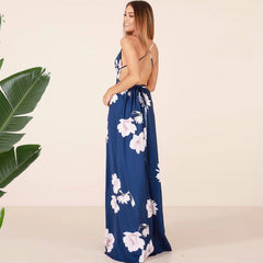 Floral Print Strap Maxi Dress Thigh Split Backless V Neck - THEGIRLSOUTFITS