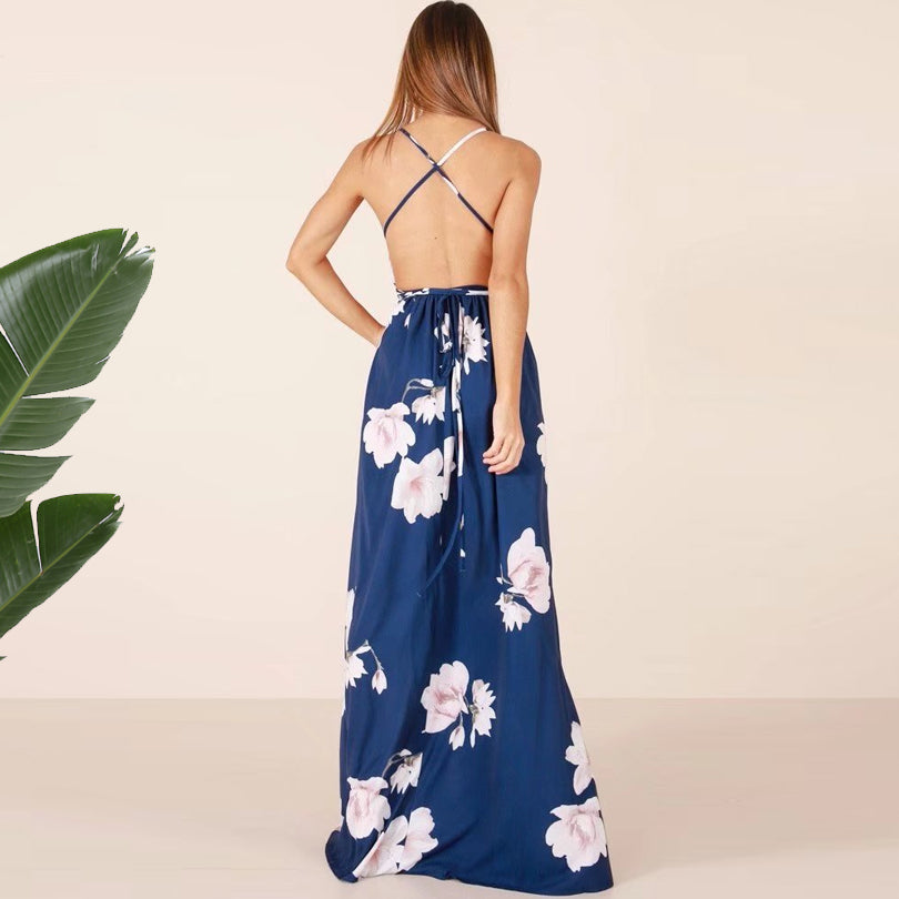 Floral Print Strap Maxi Dress Thigh Split Backless V Neck - THEGIRLSOUTFITS