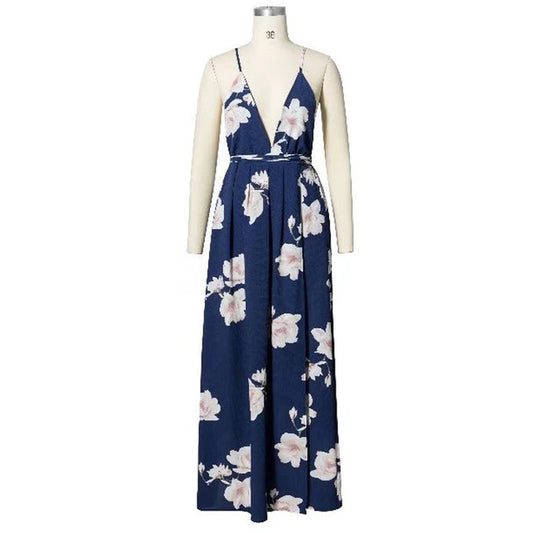 Floral Print Strap Maxi Dress Thigh Split Backless V Neck - THEGIRLSOUTFITS