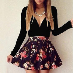 V-neck Long-sleeved Low-cut Floral Mini Dress - THEGIRLSOUTFITS