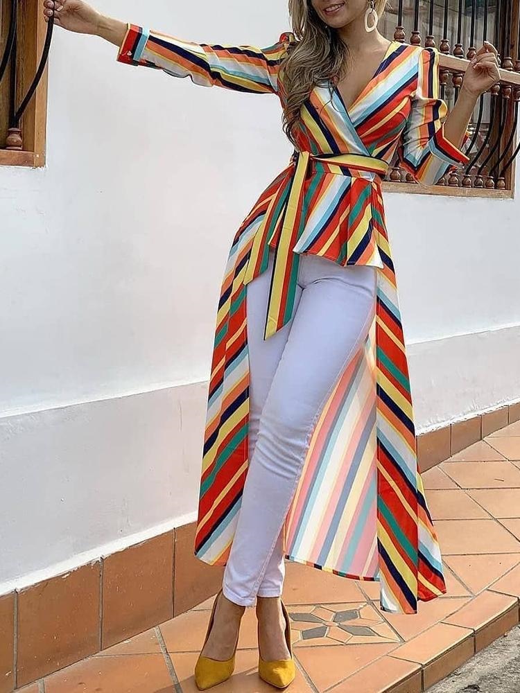 Striped Ruffles Dip Hem Blouse - THEGIRLSOUTFITS