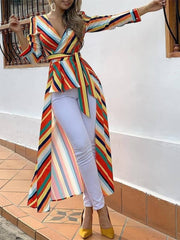 Striped Ruffles Dip Hem Blouse - THEGIRLSOUTFITS