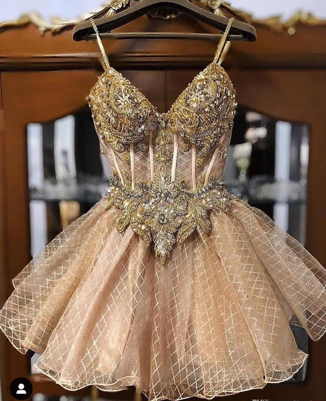 Champagne Beaded Crystals A line dress - THEGIRLSOUTFITS